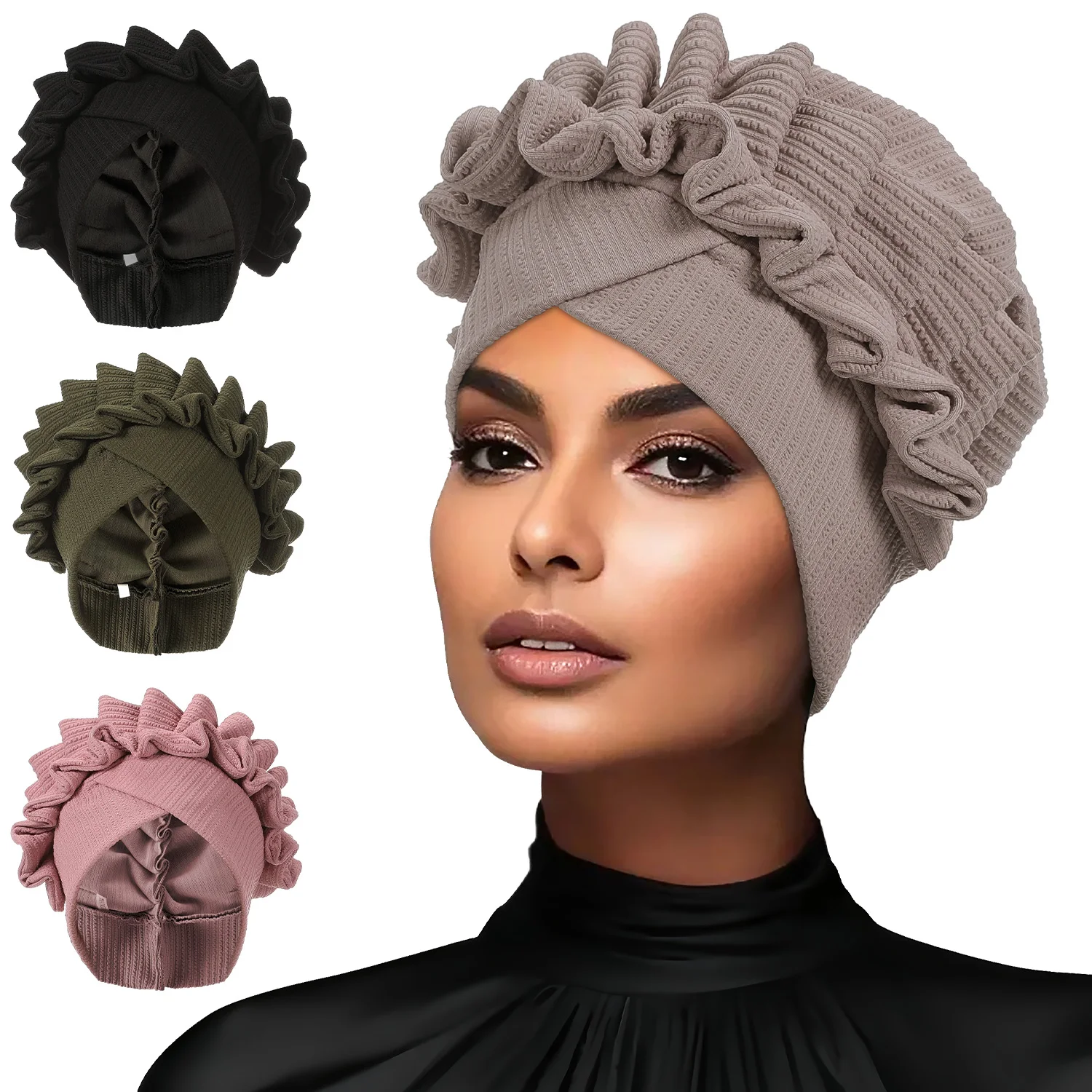 

Fashion Women Ruffle Flower Turban Cap Headscarf Bonnet African Headwraps Indian Hats Muslim Headwear Curly Hair Care Hat Hat