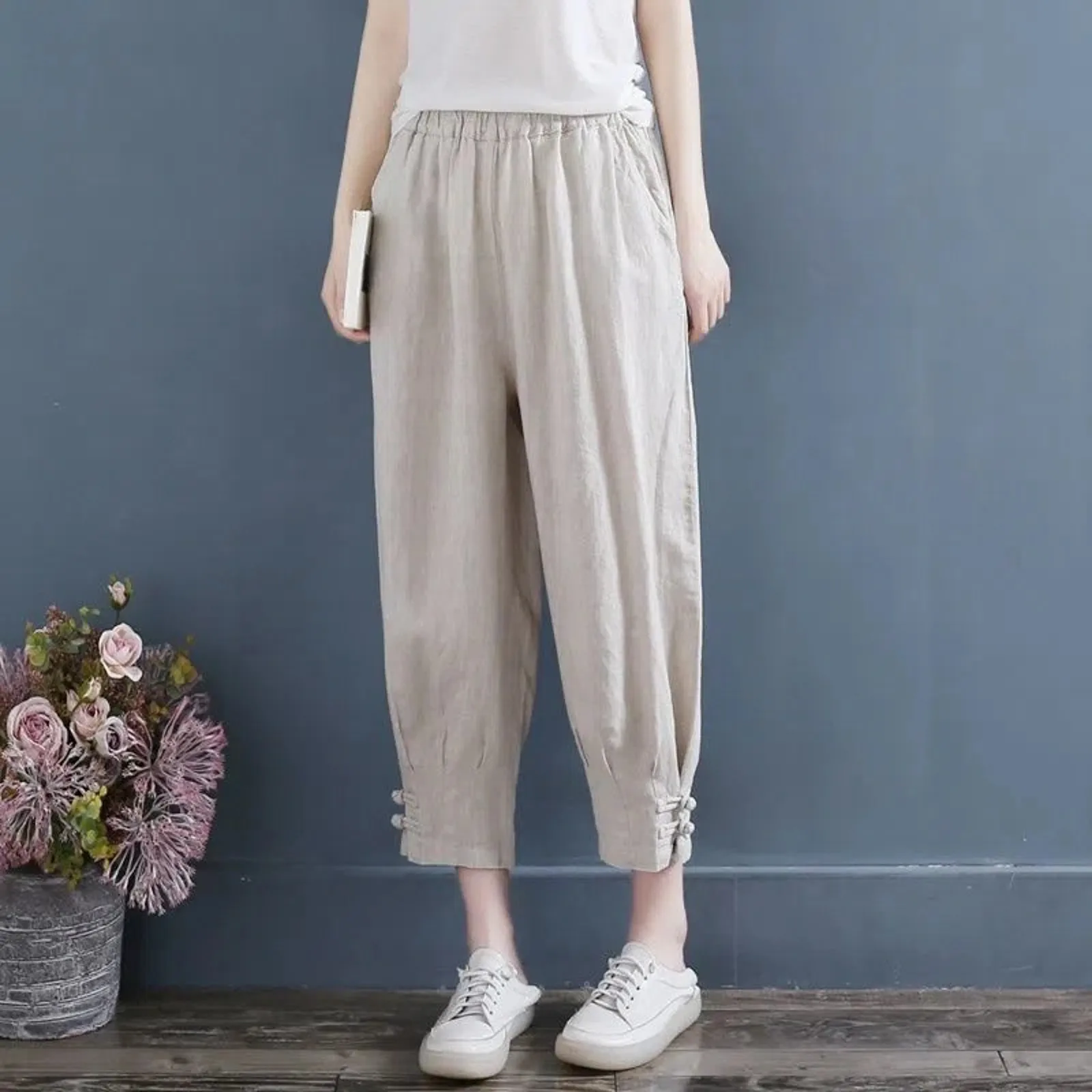 2024 Nieuwe Zomer Losse Casual Cropped Broek Mode Koreaanse Hoge Taille Zak Effen Kleur Eenvoudige Veelzijdige Dames Harem Broek