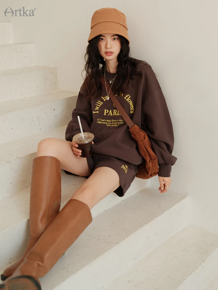 ARTKA 2022 Autumn New Women Suit Fashion Loose Hoodie Two Piece Set Letter Embroidery Sweatshirt High Waist Shorts Set ZA92033Q