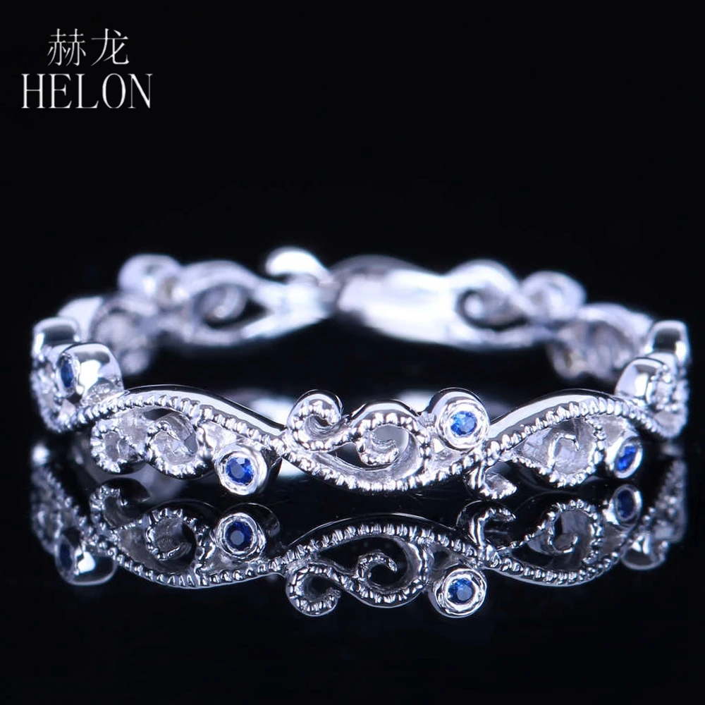 

HELON Solid 14k 10k White Gold Genuine Sapphires Vintage Fine Jewelry Engagement Wedding Ring Women Gemtones Ring Best Gift