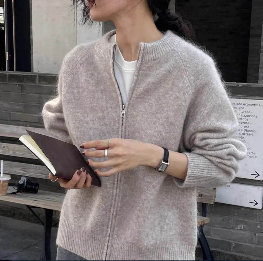 2025 Herbst und Winter neue Damen-Strickjacke aus 100 % Wolle, langärmelig, gestrickt, locker, warm, Damen-O-Ausschnitt-Jackenpullover – Detail 7