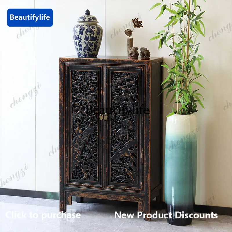 Retro hollow carved solid wood vertical cabinet decorative storage porch tea room zen storage cabinet