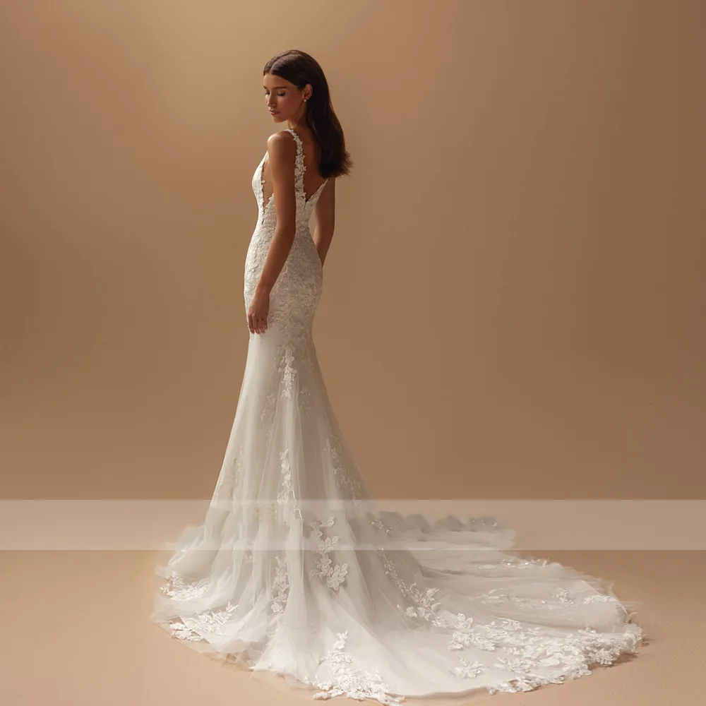 Flavinke Gaun Pengantin Seksi Putri Duyung Kustom Kerah V Tanpa Lengan Vestido De Novia Bordir Renda Jubah Buatan Antik De Mariee