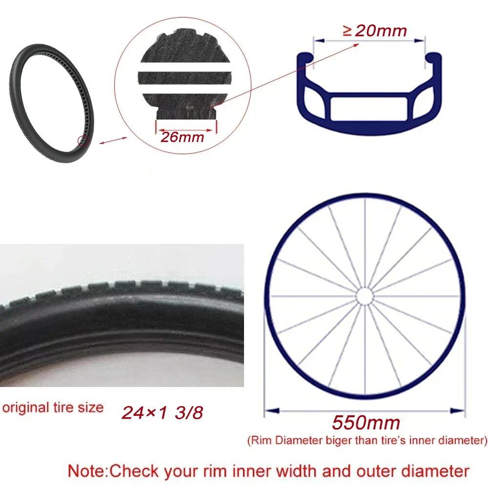 24x1-3/8 Honeycomb Solid Tire Electric Bike Tubeless Solid Tyre 24 Inch Non Inflatable Shock Absorbing Tire