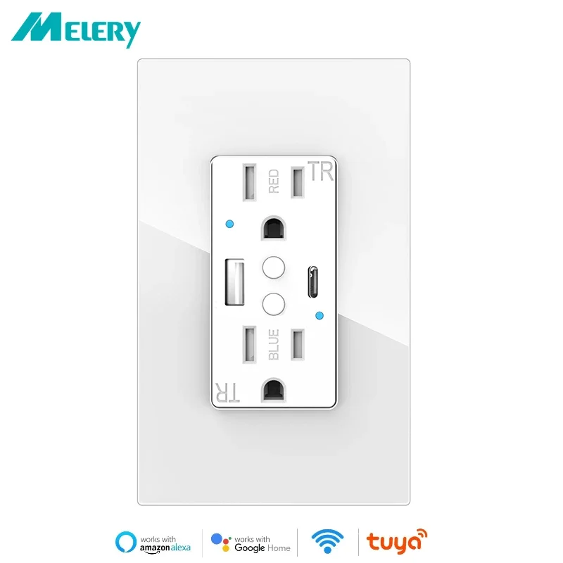 Melery Dual US Wall Sockets WIFI Smart Power Plug Outlets USB Type-C PD 20W Glass Fast Charge Remote by Tuya Alexa Google Home