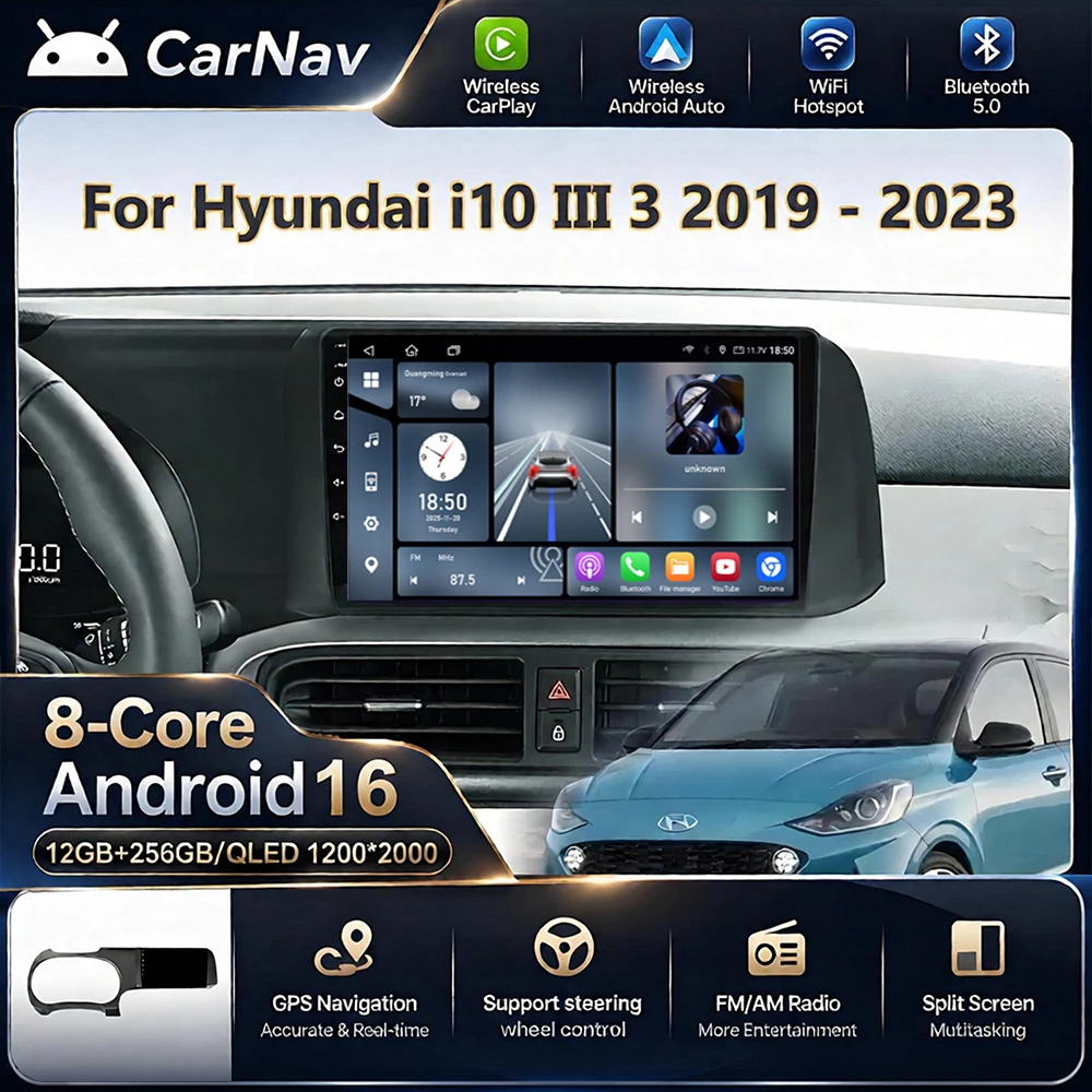 Android16 For Hyundai i10 III 3 2019 - 2023 LHD RHD Car Radio Carplay GPS Navigation Multimedia Video Player WIFI Head Unit QLED