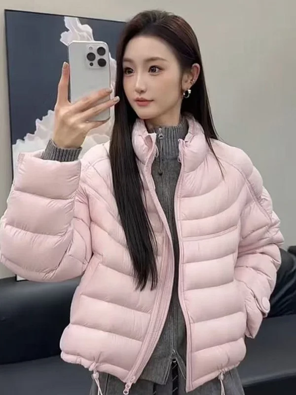 

Winter Thickened Loose Pure Color Stand Collar Pink Cotton Puff Women's Outerwear Korean Style Fashionable Casual Coat