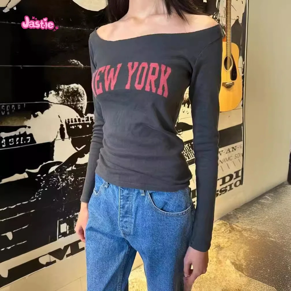2025 New Fashion Slash Neck Tops Women Y2K Harajuku Slim Long Sleeve T-shirts Cotton Black Versatile Casual Rolled Edge Tees