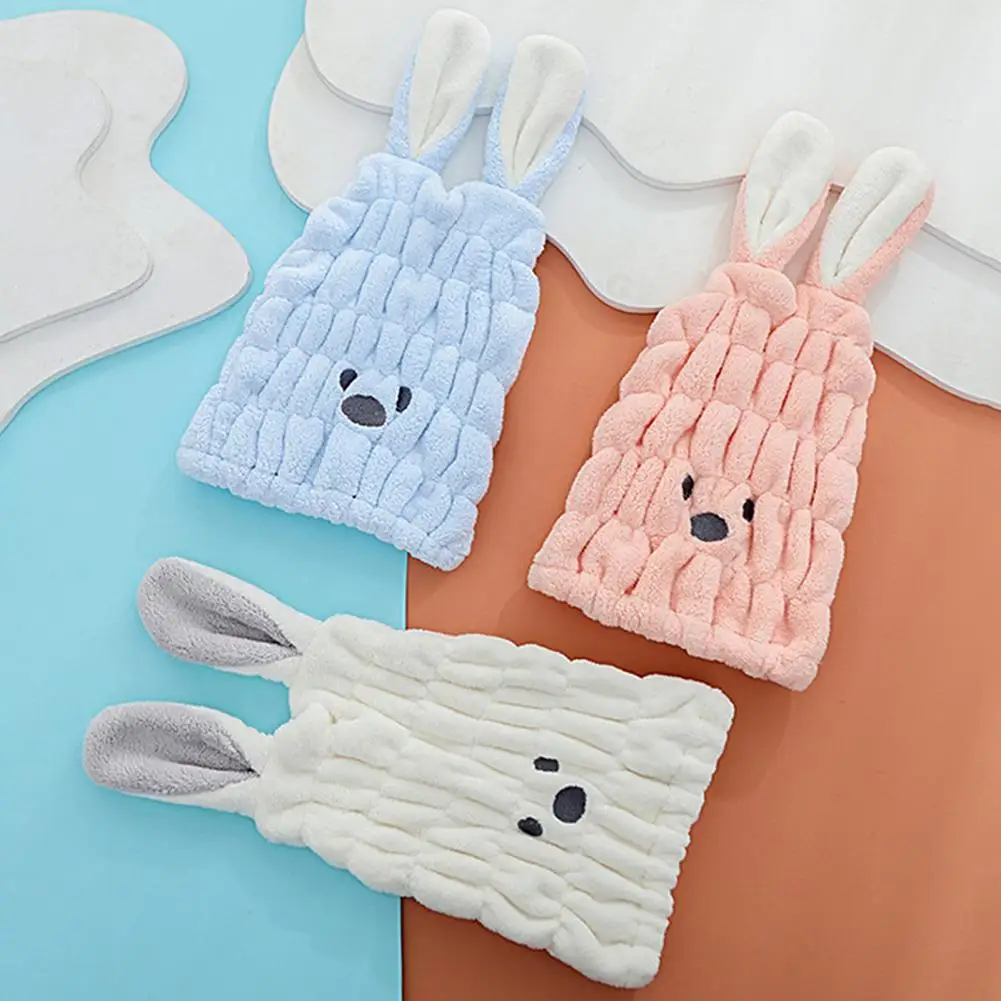 Hair Drying Cap Rabbit Ear Design Coral Fleece Winter Coldproof Adults Cute Strong Absorbing Dry Hair Hat Bath Towel Hat Turban