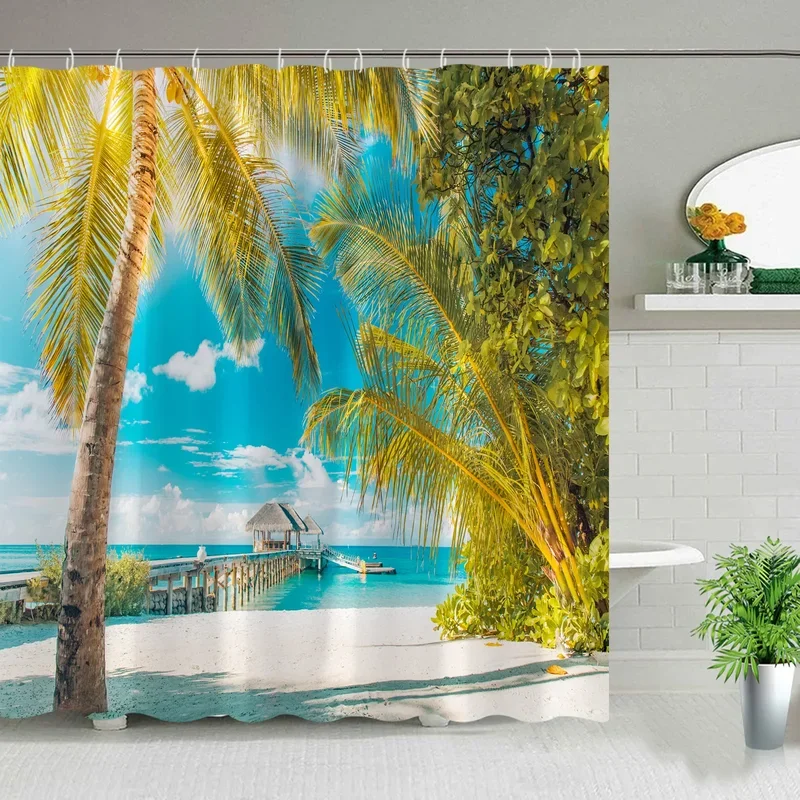 Hawaii Landscape Outdoor Shower Curtain Island Beach Coconut Tropical Ocean Natural Landscape Hanging Curtain Bathroom Decor Set