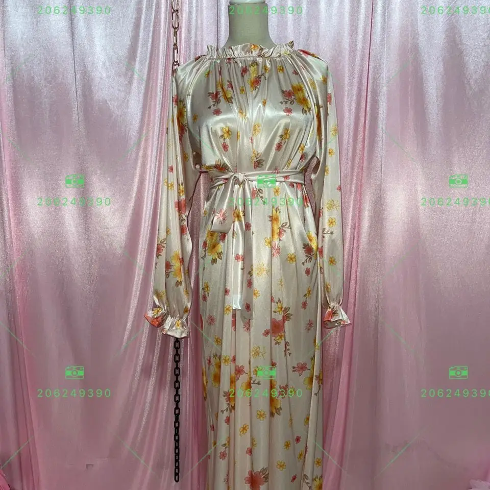 Glossy Floral Print Women Satin Long Sleeve Dress Loose Lace Up Maxi Dress Plus Size Sleeping Robe