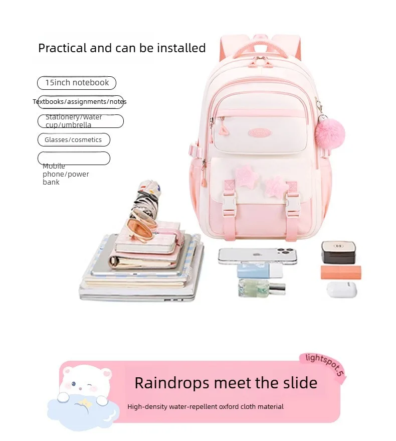 Primary Middle School Backpack for Girls Cute Backpack for School Pink School Bag for Teen Girls with Star Pins Furry Pendant