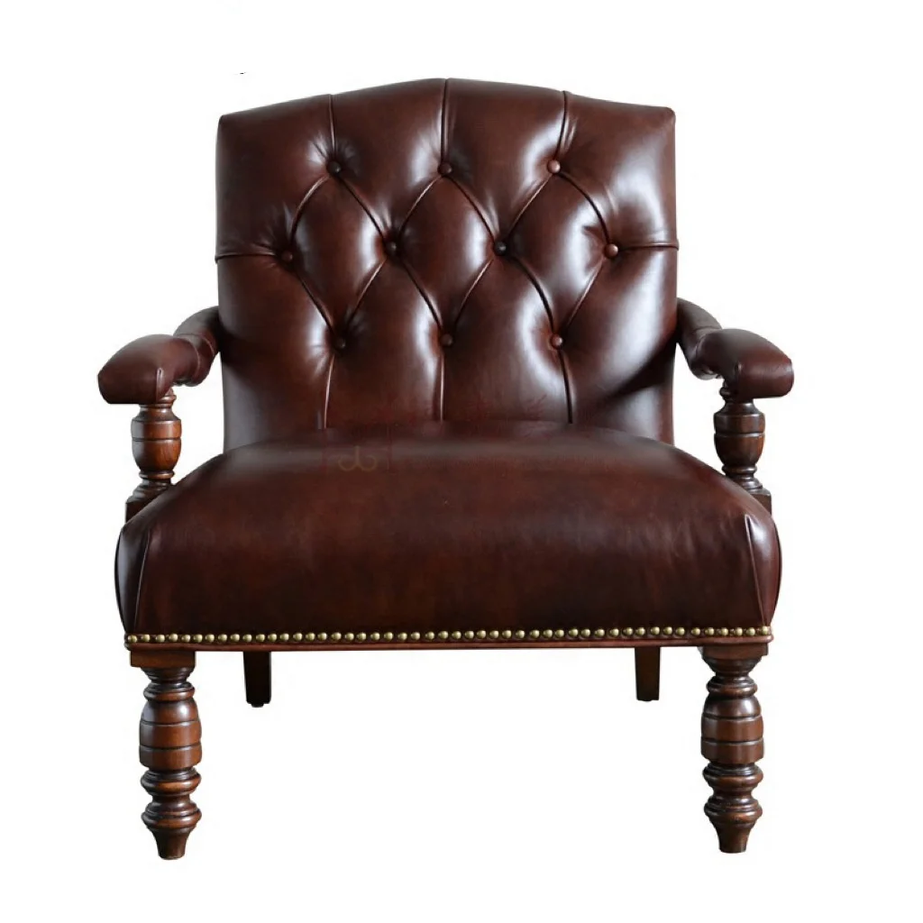 

#Traditional Accent Chair Olive Green Oil Wax Leather Tufted Backrest Nailhead Trim Carved Wood Legs Classic Living Room Chair