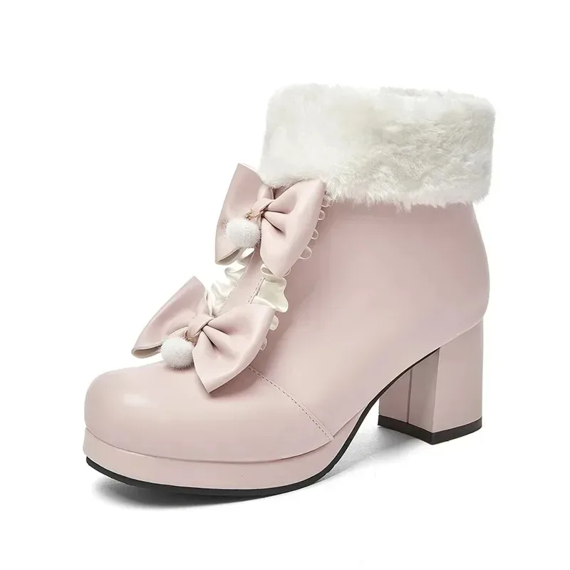 2025 Winter Womens Fashion High Heel Boots Pink White Black Fur Tassel Bowtie Lovely Lolita Ladies Party Wedding Shoes Size 43