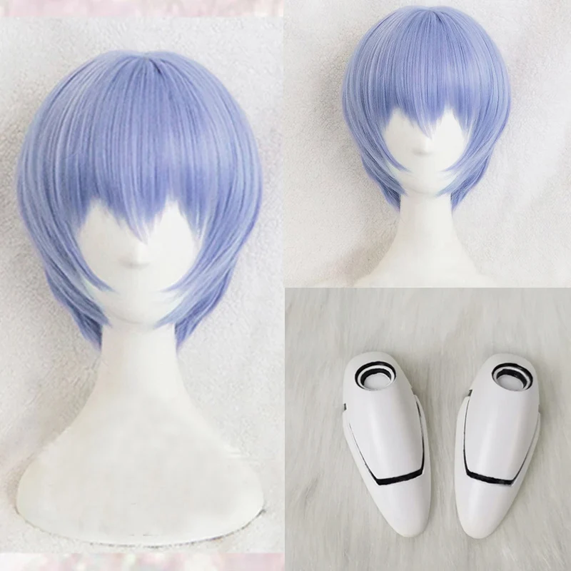 Ayanami Rei Wig EVA High Quality Short Light Blue Heat Resistant Synthetic Hair Cosplay Wigs + Wig Cap + Headwear Haripins