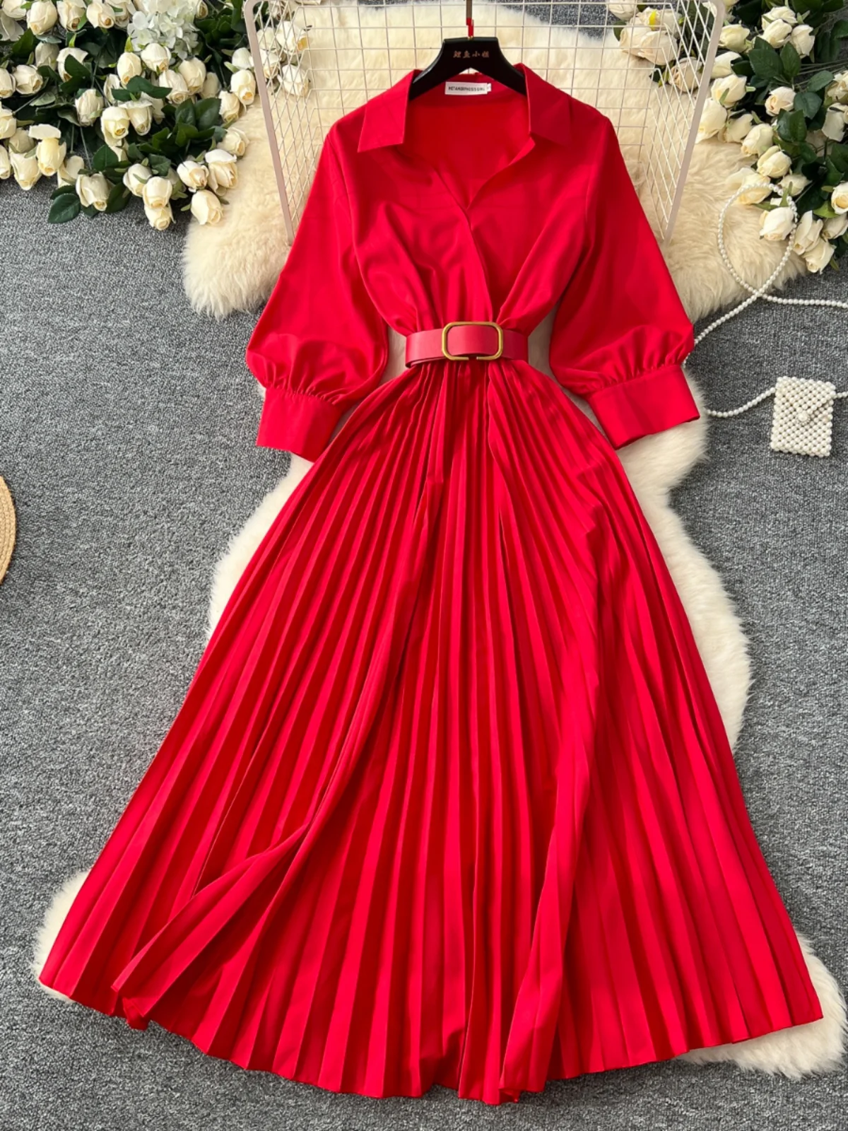 Vestido Largo Retro con Cuello, Mangas Farol, Cintura Alta y Pado, con Cinturón, Estilo Coreano, para Mujer, Temporada de ...