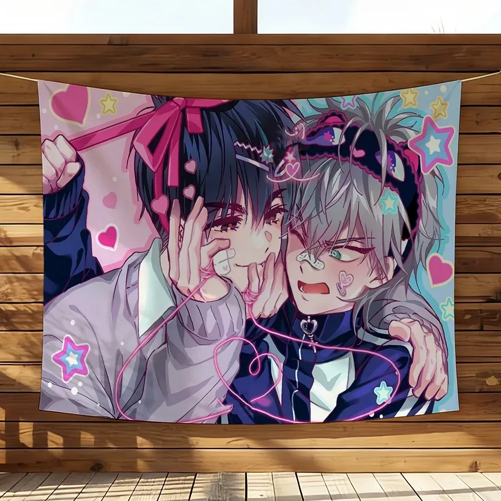 Y2K Pastel Two Anime Boys Portrait Wall Tapestry, Neon Pink String Heart Star Sticker Print Wall Hanging, Cute Bandage Sticker M
