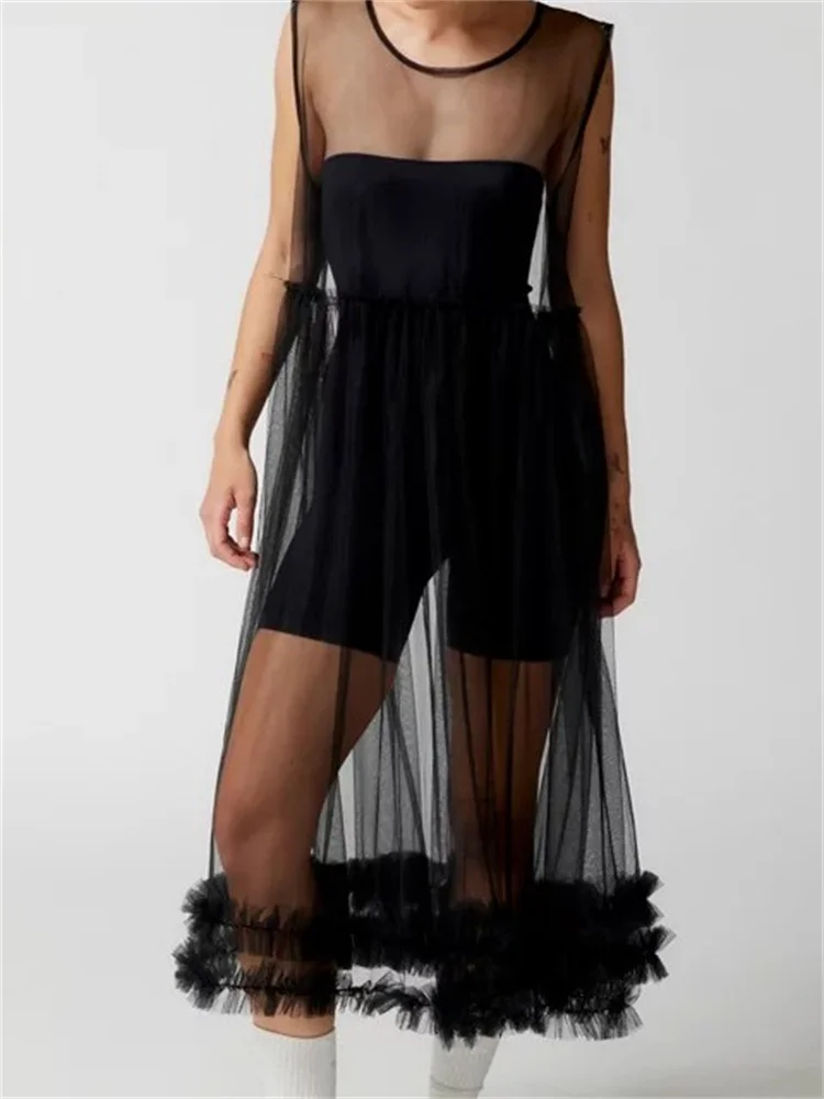 Chronstyle sexy Frauen Mesh schiere durch Midi-Kleid einfarbig Rundhals ausschnitt Rüschen ärmelloses Kleid Strand Bade bekleidung Vertuschungen