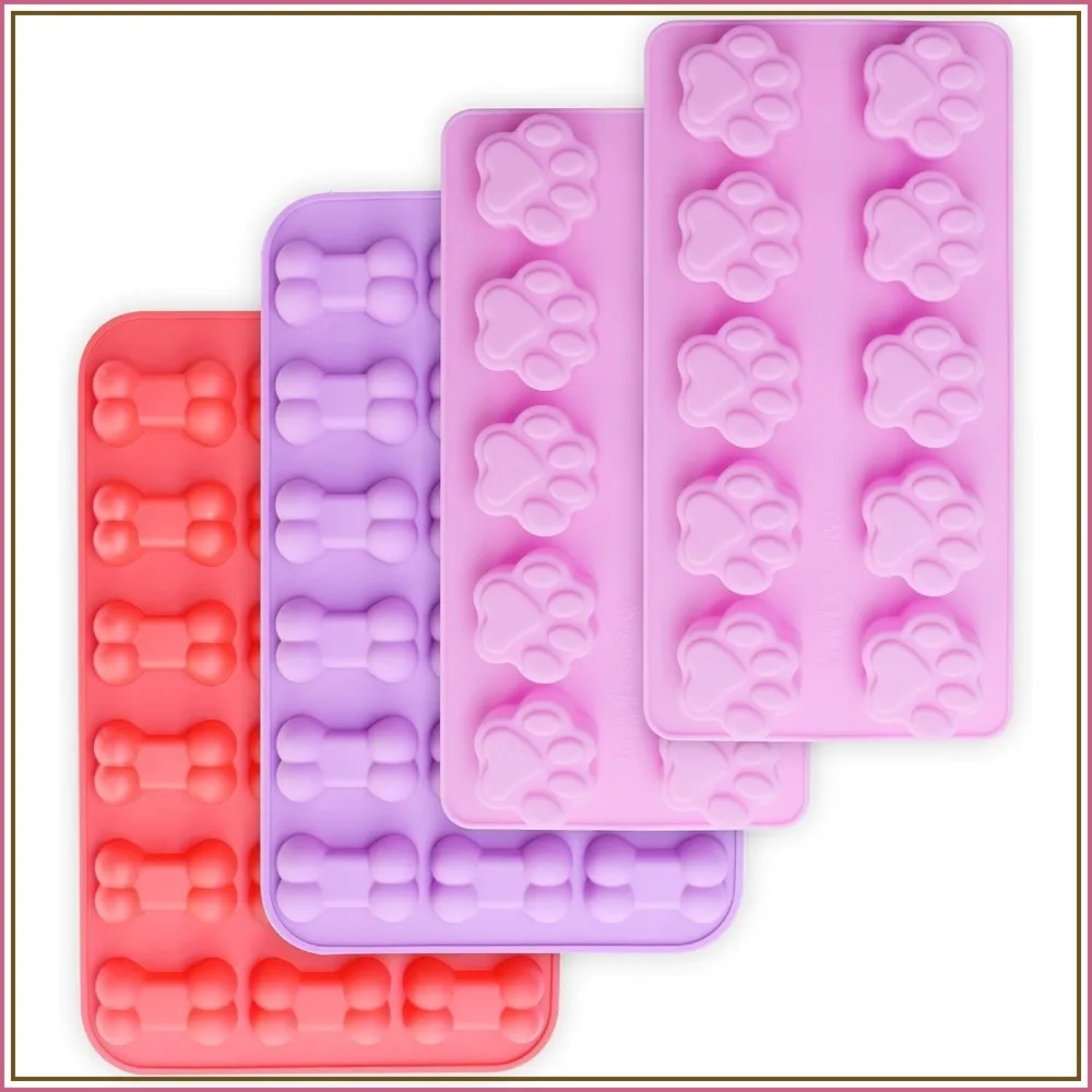 Dog Paw and Bone Silicone Molds, Set of 4 | Non-Stick, Food Grade for Chocolate, Candy, Jelly, Ice Cube, Dog Treats