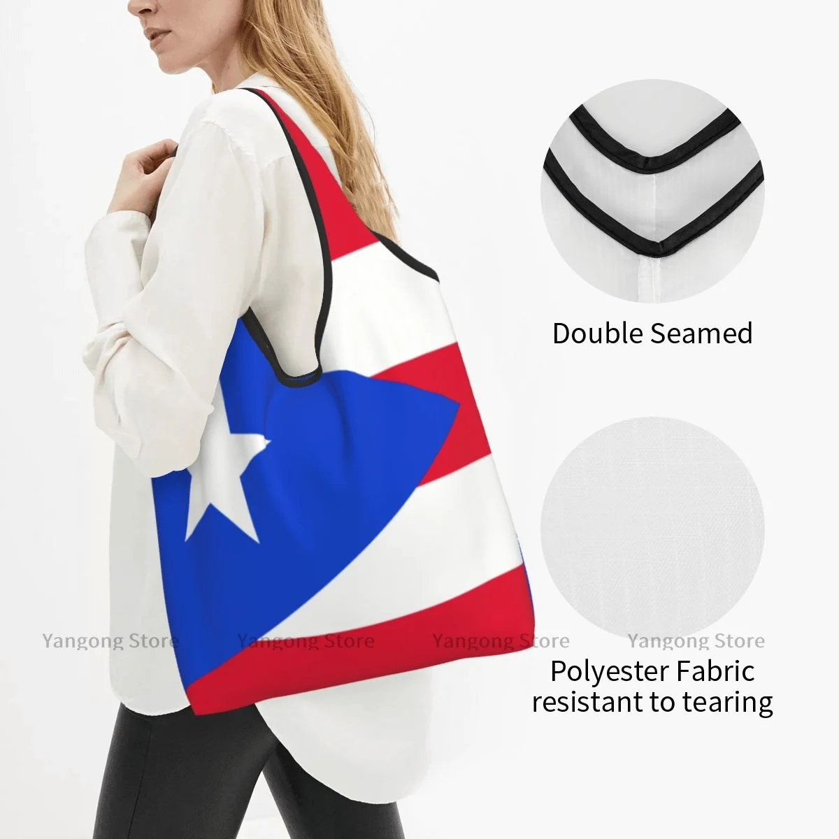 Folding Shopping Bag Puerto Rico Flag Reusable Portable Shoulder Handbag for Travel Grocery Pocket Tote