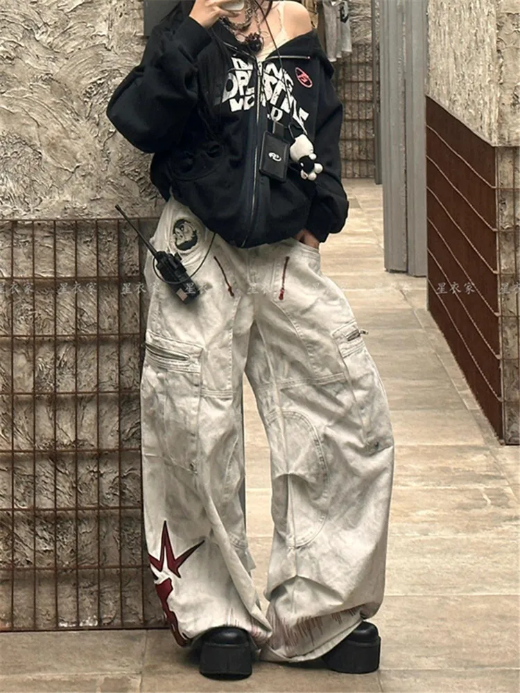 Women Jeans Parachute Cargo Pants Men Hip Hop Wide Leg Trousers Male Denim Pants Streetwear Loose Oversize Korean Hip Hop