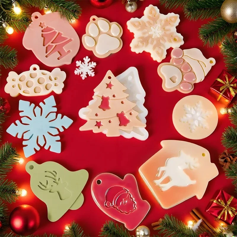 Christmas Pendant Resin Molds, Deer Bell& Cat'S Paw& Snowflake& House& Acorn& Gloves& Shapes Jewelry Keychain Epoxy Resin Mold