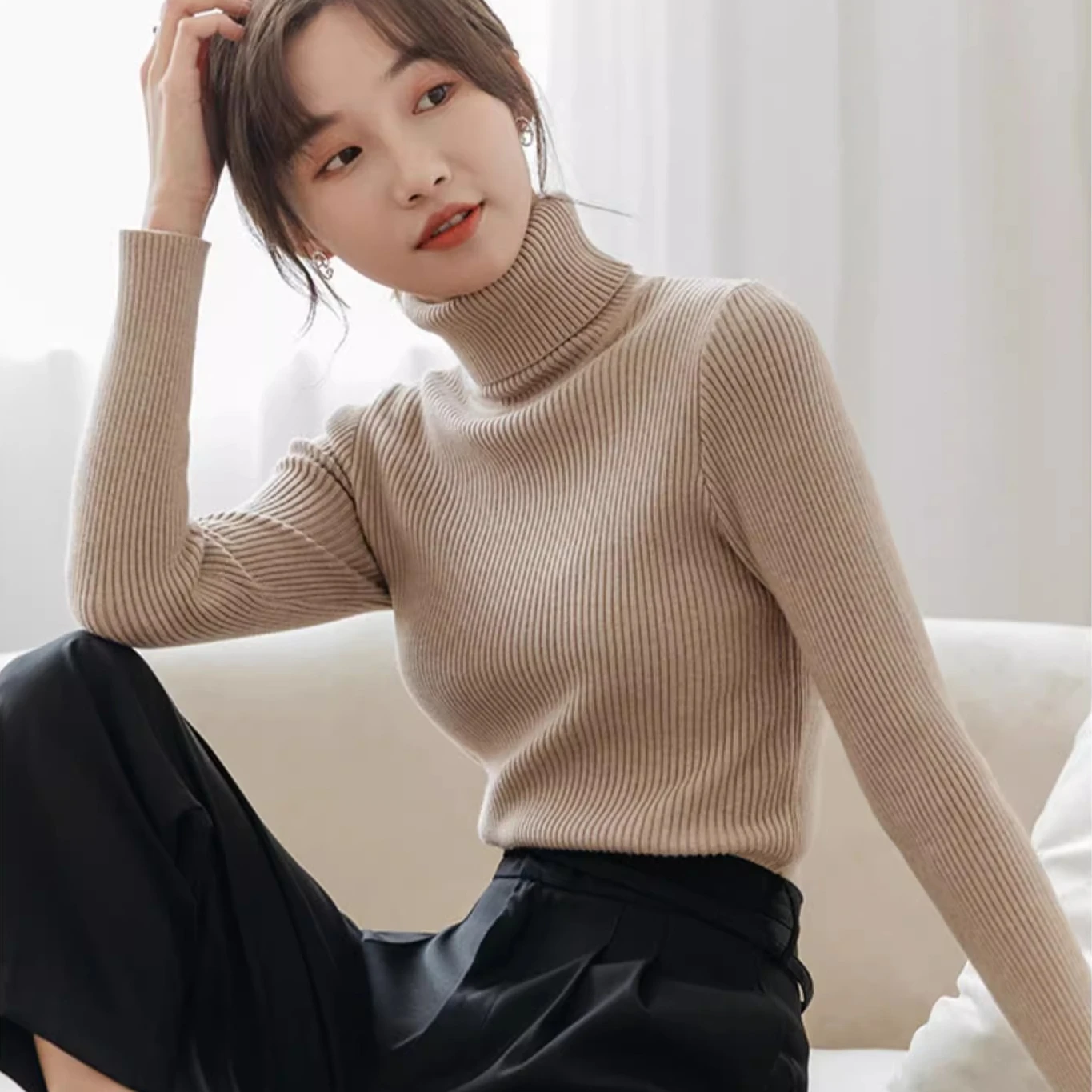 

autumn winter Turtleneck knitted sweater women's long sleeve slim thicken pullover versatile bottoming tops black white sweaters