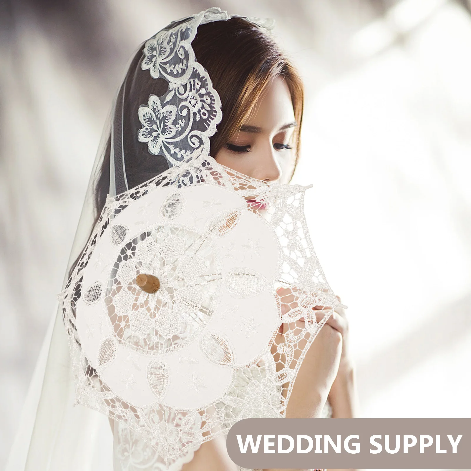 

Elegant Lace Umbrella Wedding Parasol Prop Foldable Cotton Bridal Costume Accessory Wood Handle Embroidery Parasol Party
