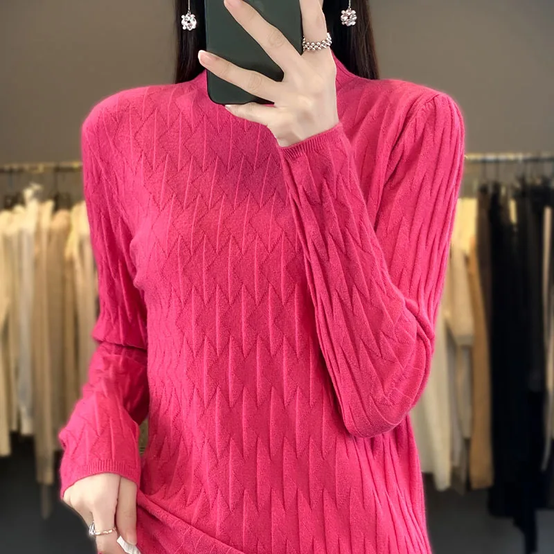 Autumn Winter Women Pure Wool Blend Soft Sweater Half-high Collar Diamond Grid Pullover Cashmere Female Solid Bottoming Knit Top