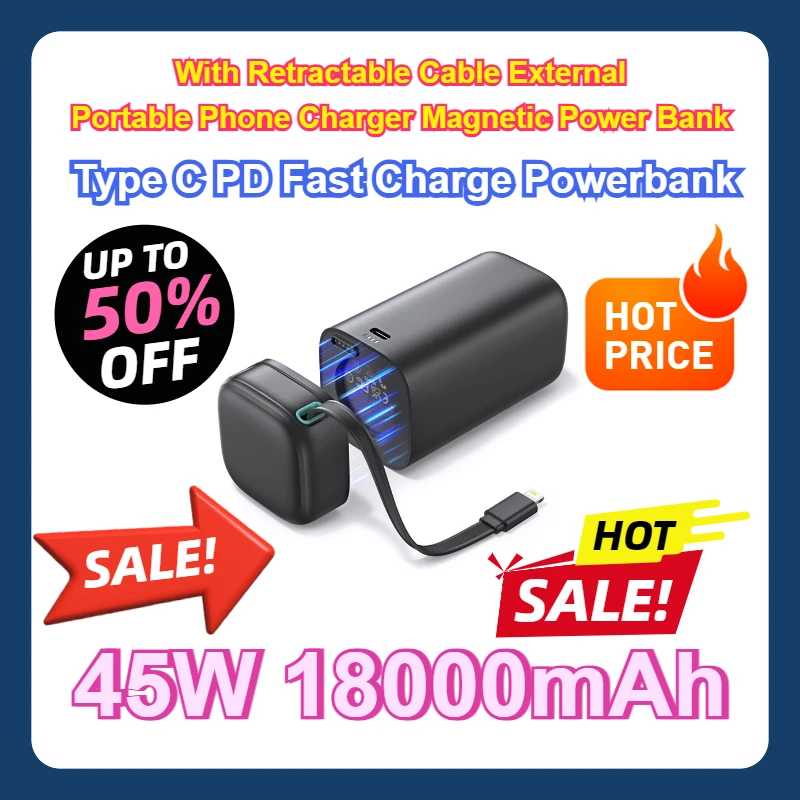 

With Retractable Cable External Portable Phone Charger Magnetic Power Bank 45W Type C PD Fast Charge Powerbank 18000mAh