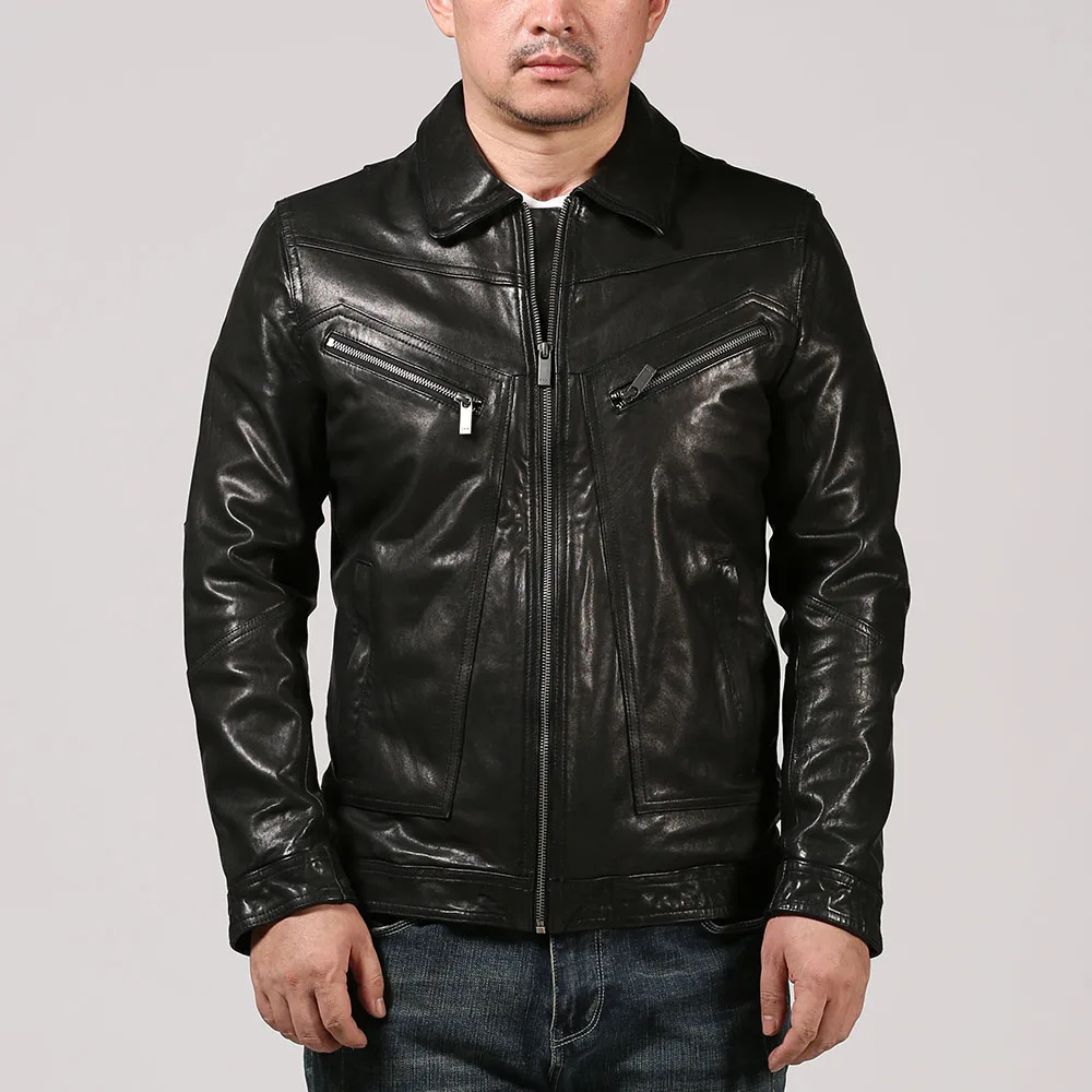 

6118 European US Size High Quality Super Warm Genuine Sheep Leather Coat Mens Big Biker Jacket