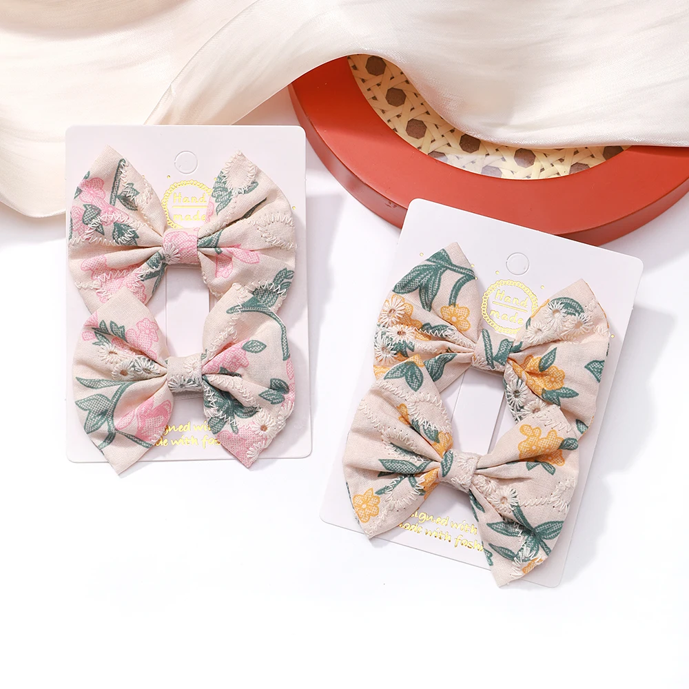 2pcs/set Embroidery Bows Hair Clips Solid Hairpins for Girls Handmade Cotton Barrettes Kids Butterfly Hair Pin Korean Headwear