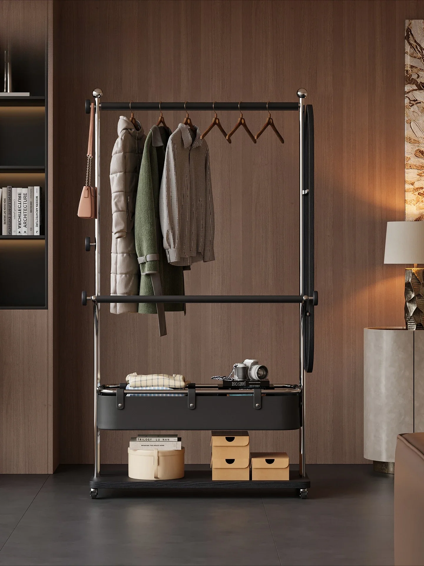 Italian coat rack, movable floor with wheels, multi-functional storage stainless steel hanger