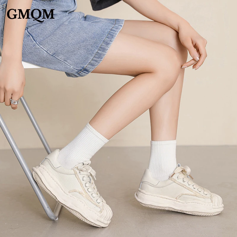 GMQM Brand Fashion Women‘s Genuine Leather Sneakers Round Toe Flats Sport Vulcanized Shoes Skateboard Shoes Walking Sneakers