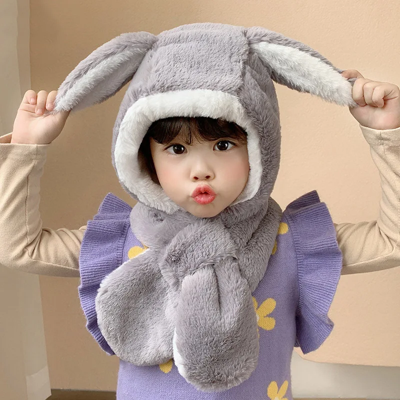 Autumn Winter Fleece Hat Scarf For Kids Ear Protection Cap Warmer Neck Scarf Children Cartoon Cute Beanies Cap Baby Girls Hat