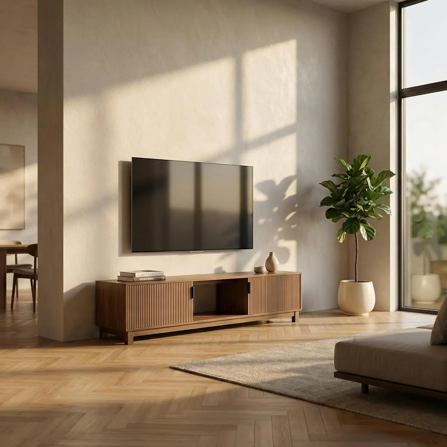 

Тумба под телевизор с рифленой отделкой, 70 дюймов, для телевизоров до 75 дюймов, в стиле Mid-Century Modern, с 2 распашными дверцами и открытыми полками, B