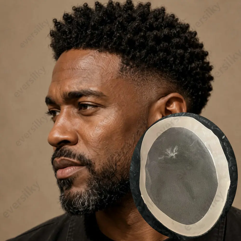 4mm 6mm Afro Locken Haarstyling Herren Toupet 100% Echthaar Perücken Atmungsaktives Langlebiges Mono-Lace-Oberteil NPU Herren Haarprothesensystem – Detail 1