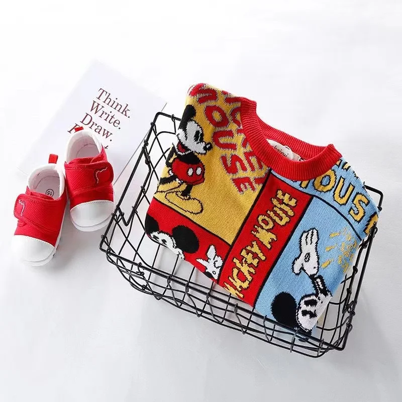 Autumn Winter Clothes Kid Boy Sweater Girl Thick Knitted Cotton Cartoon Mickey Mouse Print Children Pajama Coat Sweatshirts