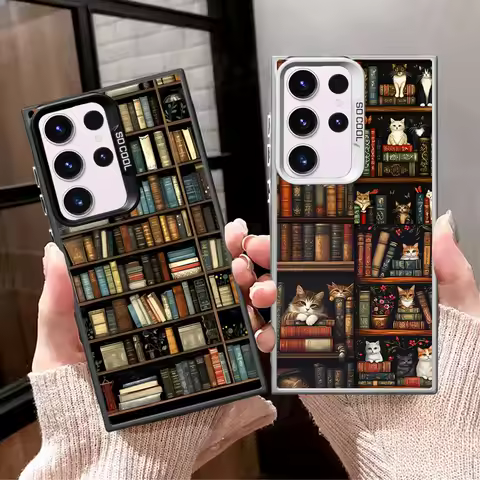 Phone Case for Samsung Galaxy S23 S24 S25 Ultra S20 S22 S23 FE Note 20 S21 Plus S24FE Shell Cover Vintage Bookshelf Kitten