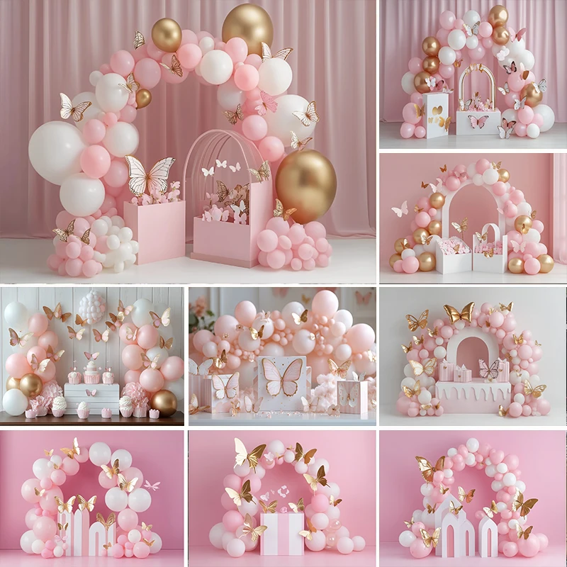 

Photography Background Cake Smash Baby Shower Kids Birthday Party Photo Backdrop Pink White Arch Balloon Butterfly Decor Props