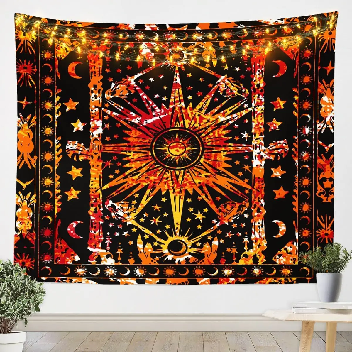 Bohemian Sun Moon Wall Hanging Sun Hippie Mandala Wall Blanket for Boys Girls Sun and Moon Tapestry Orange Black Wall Art Small