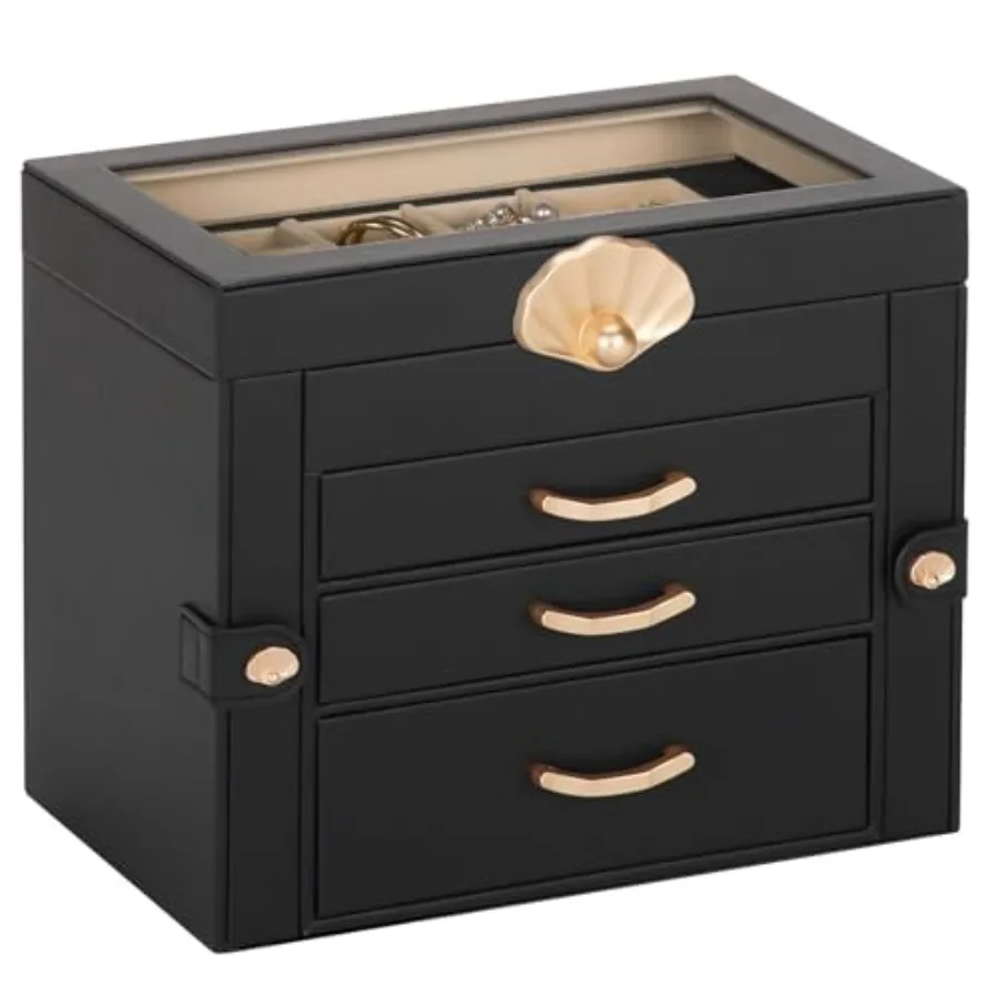 

Jewelry Box with 3 Drawers: Display Organizer for Earrings Necklaces - Christmas Gifts for Girls Women Black