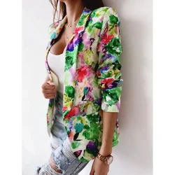 Women's Spring and Summer Printed Jacket Long Sleeved Suit Collar Pocket Top Casual Loose Commuting Top Fashionable Jacket