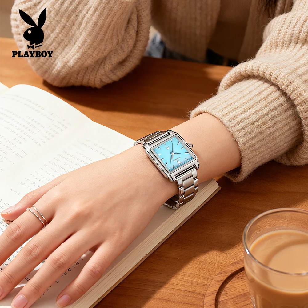 PLAYBOY 3122 Women Quartz Movement Watch Classic Square Dial High Quality Steel Strap 30m Waterproof Elegance Watch For Women