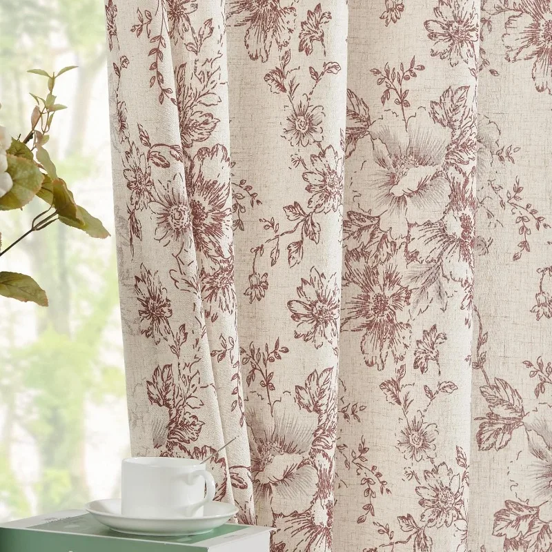 

Linen Blend Curtains Floral Curtains for Living Room 84 Inch Length Brick Red Printed Curtains Rod Pocket Back Tab Farmh