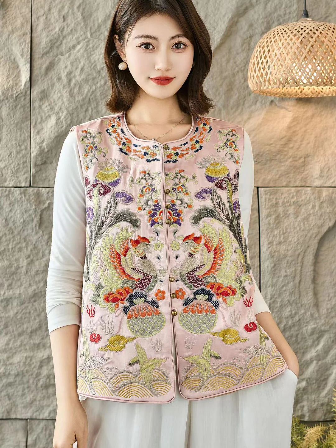 

Женский жилет в стиле ретро с китайской вышивкой Феникса, весна 2026, свободный крой, на одной пуговице, с круглым вырезом