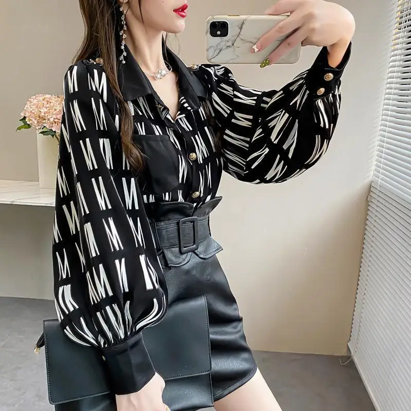 Letter Printing Patchwork Blouse Spring New Long Sleeve Polo Neck Loose Chiffon Office Shirt Tops Vintage Fashion Women Clothing