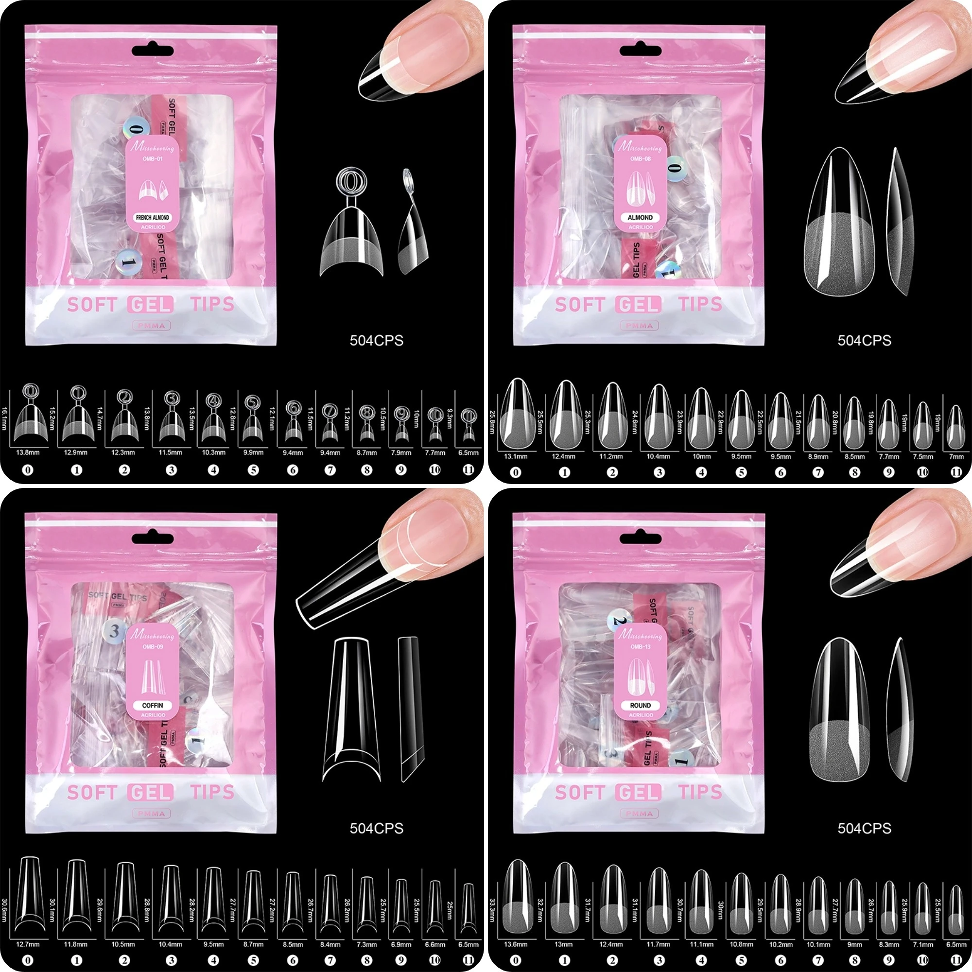 Faux ongles français en forme d'amande, finition Semi-matte, cercueil, Stiletto, formes carrées ovales avec bord avant, bouts épais, 504 pièces