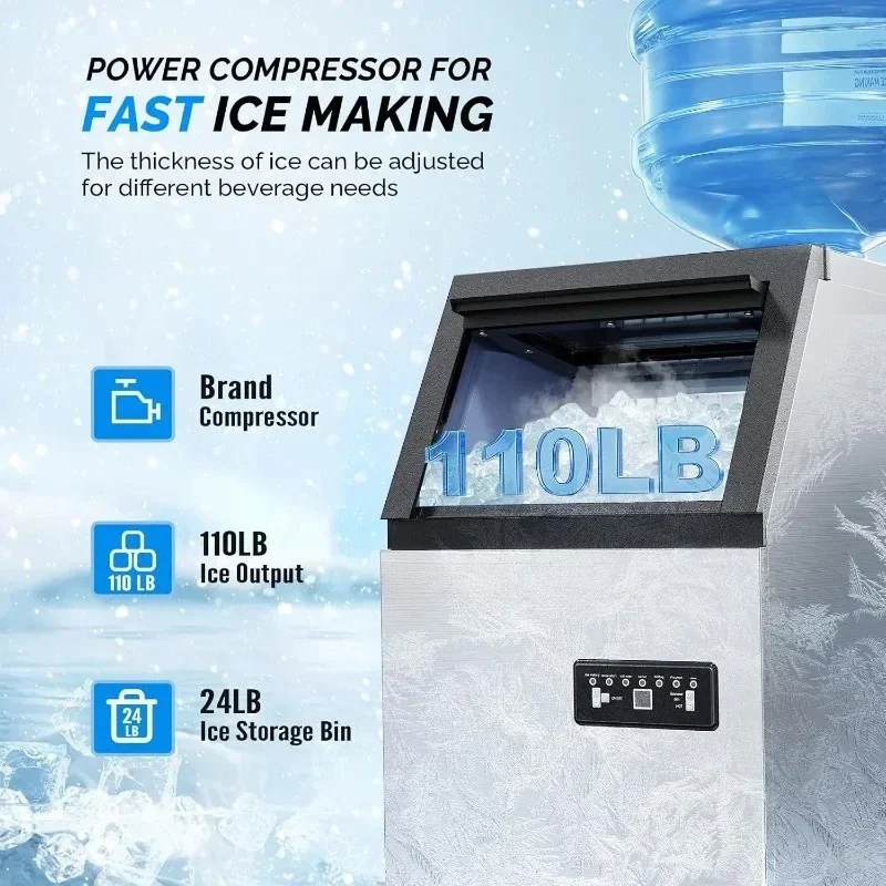 Stainless Steel Under Counter Ice Maker w/SCommercial Ice Maker Machine, 110LBS/24H Ice Machine w/2 Water Inlet Methods