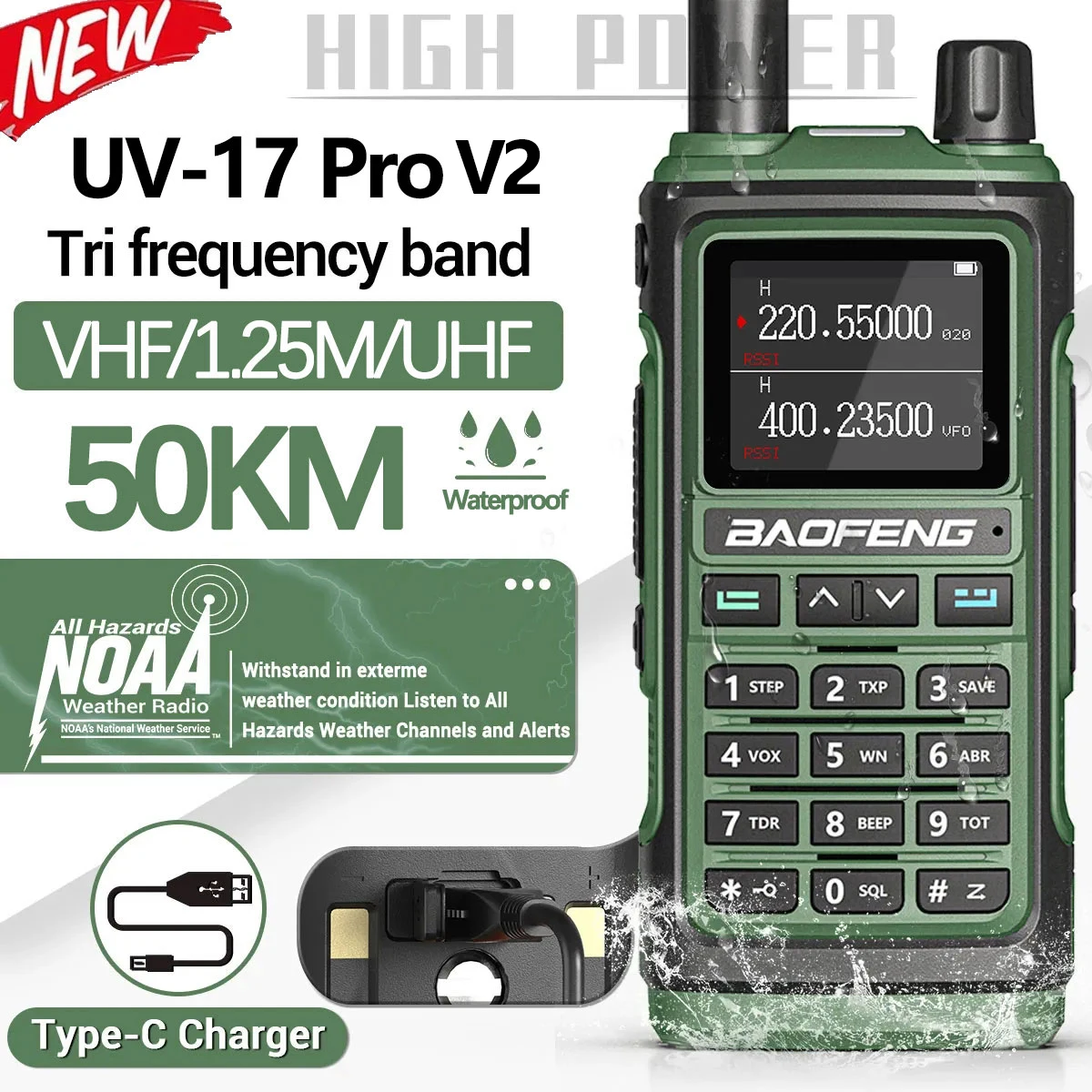 Baofeng UV-17 프로 V2 무선 복사 주파수 트라이 밴드 방수 강력한 워키토키 장거리 UV-5R UV S9 양방향 라디오